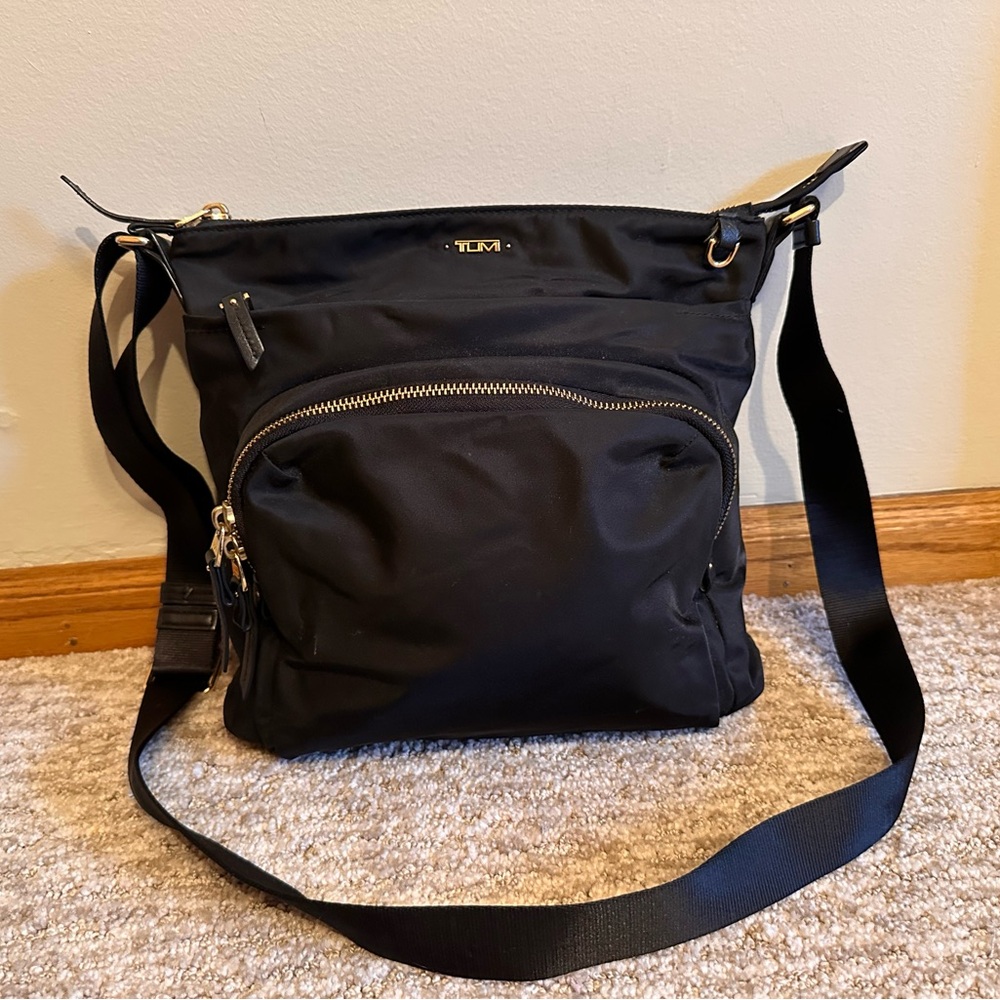 Tumi Black Nylon Zip-Front Crossbody Bag with Gold Hardware